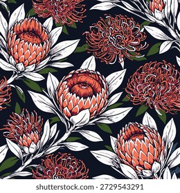 Seamless luxury botanical pattern featuring vibrant pink protea flowers paired with elegant blue tropical leaves on a deep background. This high-detail floral design has a modern vintage illustration style, perfect for textile prints, fabric, fashion apparel, wallpaper, gift wrap, luxury packaging, home décor, stationery, and surface pattern design.