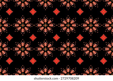 Nahtloses ethnisches Luxusmuster mit symmetrischen geometrischen und ornamentalen Motiven, inspiriert von traditioneller asiatischer Textilkunst. Rote, goldene und orangefarbene Dekorelemente auf tiefschwarzem Hintergrund. Elegantes, sich wiederholendes Design, geeignet für Stoff, Modetextilien, Tapeten, Wohndekor, Einwickelpapier und hochwertiges Oberflächenmuster-Design.