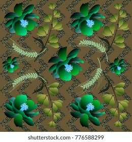 Seamless luxury floral pattern on olive zigzag background. Beautiful vector illustration.