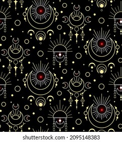 Seamless luxury galaxy esoteric pattern. Yellow geometric contour sacred ornaments. Vector magic texture with stars and dots on dark background. Witchcraft decoration with sun and crescent.