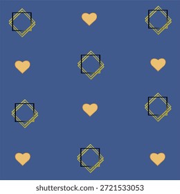 Nahtloses geometrisches Luxusmuster mit goldenen Herzen und ineinandergreifenden Quadraten auf königsblauem Hintergrund. Elegante Textur im Art-Deco-Stil zum Verpacken von Papier, Corporate Design oder Textilien.
