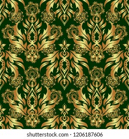 Seamless luxury gold patern with triangular scales. Vector green background with golden elements for your creativity.
