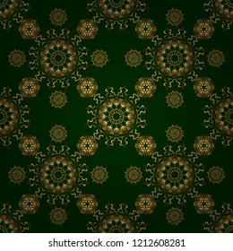 Seamless luxury gold patern with triangular scales. Vector green background with golden elements for your creativity.