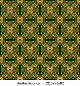 Seamless luxury gold patern with triangular scales. Vector green background with golden elements for your creativity.