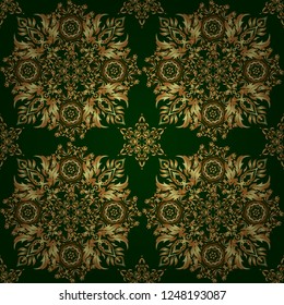Seamless luxury gold patern with triangular scales. Vector green background with golden elements for your creativity.