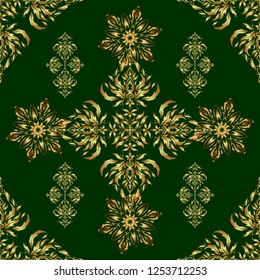 Seamless luxury gold patern with triangular scales. Vector green background with golden elements for your creativity.