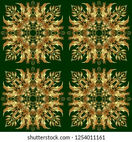 Seamless luxury gold patern with triangular scales. Vector green background with golden elements for your creativity.