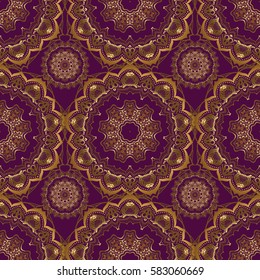 Seamless luxury gold patern with triangular scales. Vector purple background with golden elements for your creativity.