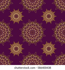 Seamless luxury gold patern with triangular scales. Vector purple background with golden elements for your creativity.