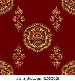 Seamless luxury gold patern with triangular scales. Vector red background with golden elements for your creativity.