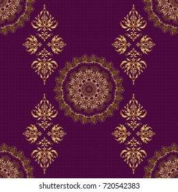 Seamless luxury gold patern with triangular scales. Vector purple background with golden elements for your creativity.