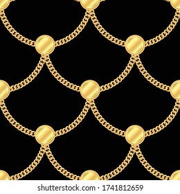 Seamless Luxury Golden Chains with Buttons on Black Background Designed for Fabric, Textile, Wallpaper. Vector Repeat illustration.