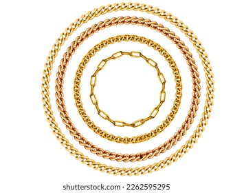 Seamless Luxury Golden Circle Frame Set, Gold Chains of different shapes realistic. Expensive jewelry on a white background.