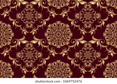 Seamless luxury golden decorative ornament on a red background. Luxurious floral ornament on background. Seamless wallpaper pattern. Trendy wallpaper pattern