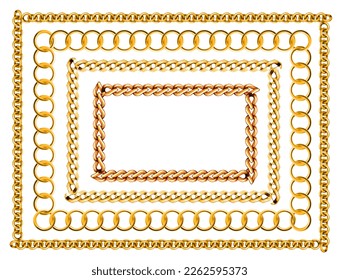 Seamless Luxury Golden Frame Set, Gold Chains of different shapes realistic. Expensive jewelry on a white background.