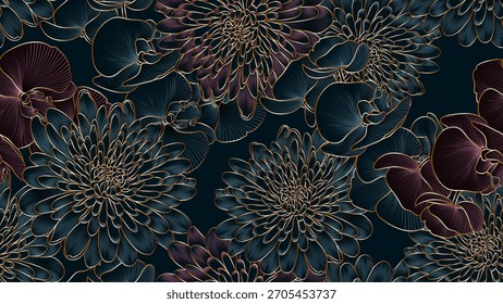 Seamless luxury hand drawn pattern with orchid and chrysanthemum flower.