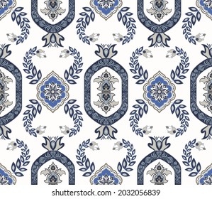 Seamless luxury indian pattern. Symmetry ornamental arabian wallpaper. Indian wrapping background. Decorative doodle ornament backdrop. design for textile, web, paper, fabric, case, cover