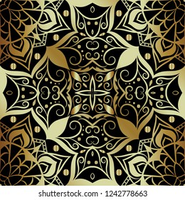 Seamless luxury mandala flower pattern. 
Golden abstract floral design on black background.