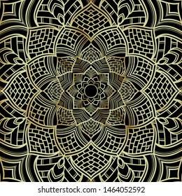 Seamless luxury mandala flower pattern. 
Golden abstract floral design on black background.