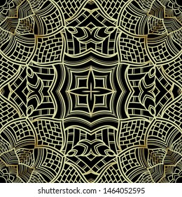 Seamless luxury mandala flower pattern. 
Golden abstract floral design on black background.