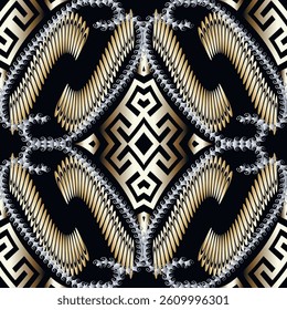 Seamless luxury modern 3d pattern with metallic gold and silver elements, Greek key meander motifs and baroque style curves. Ornamental beautiful vector background. Endless ornate stylish texture.