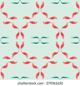 Seamless luxury ornamental feather pattern. Vintage feather pattern. Red and blue feather ornaments. 