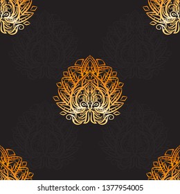Seamless luxury paisley pattern with gold boho ornaments on black background. Tribal background for textile, wallpaper and your creativity.