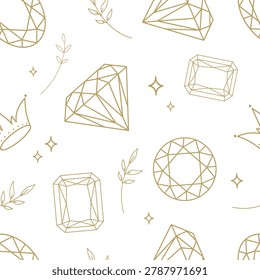 Seamless luxury pattern featuring geometric diamonds, gemstones, stars, and botanical elements in elegant golden line art style for jewelry branding, packaging design, wallpaper, fabric print. Vector