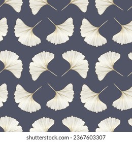 Seamless luxury pattern with golden leaves of ginkgo biloba on a gray-blue background. Vector pattern for children's and women's textiles, wallpaper designs, covers, backgrounds.