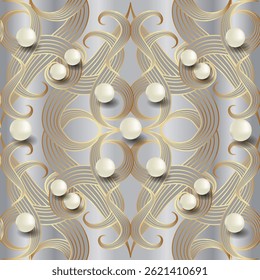 Seamless luxury pattern with golden swirling lines and 3D pearls on a silver gradient background. Elegant ornamental vector hand drawn line art design with metallic and glossy effect. Endless texture.