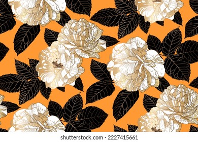 Seamless luxury pattern with white and gold roses and black leaves on deep saffron color. Wallpaper design for textiles, paper, print, fashion, card background, beauty products. 