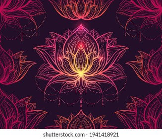 Seamless luxury tribal pattern with lotus with ornament on violet background. Luxurious contour texture with water lily flower. Natural wallpaper for spa centers. Meditation and sacred symbol.