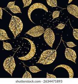 Seamless luxury vector pattern with glittery golden leaves and crescent moons on black background. Elegant sparkling endless texture for luxurious fabric and wallpaper design. Ornate beautiful decor.