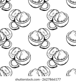 Padrão de noz de macadâmia sem costura na arte de linha preta e branca