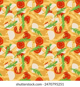 Seamless Macaroni and cheese pattern. Pasta, Tomato, Mozzarella, Green arugula Recipe. Fusilli, Spiral pasta in flat style background for wallpaper, wrapping, packing, textile, scrapbooking, menu