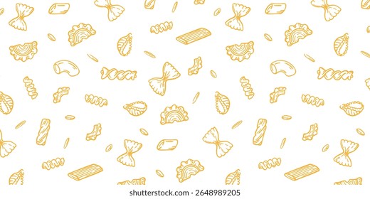 Sem emenda macaroni macaroni macarrão padrão fundo. Estilo de doodle desenhado à mão com diferentes formas de massa. Ilustração vetorial perfeita para projetos de cozinha, comida ou culinária.
