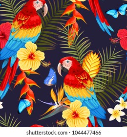 Seamless macaw and flowers