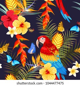 Seamless macaw and flowers