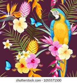 Seamless macaw and flowers