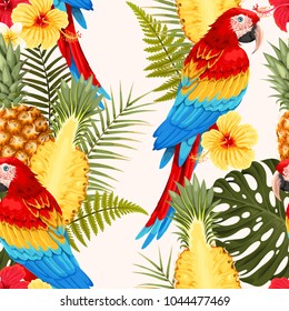 Seamless macaw, pineapple and flowers