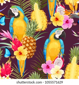 Seamless macaw, pineapple and flowers