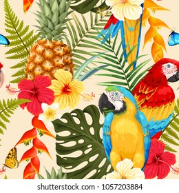 Seamless macaw, pineapple and flowers