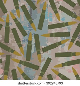 Seamless machine gun cartridges and bullets on camouflage background
