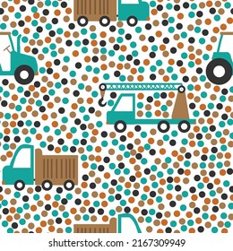 Seamless machine pattern. Tractor, crane and truck. Colored mosaic background. vector texture. fashionable print for children's textiles and wallpaper.