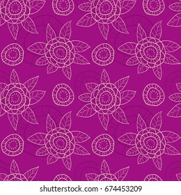 Seamless magenta background with doodle flowers