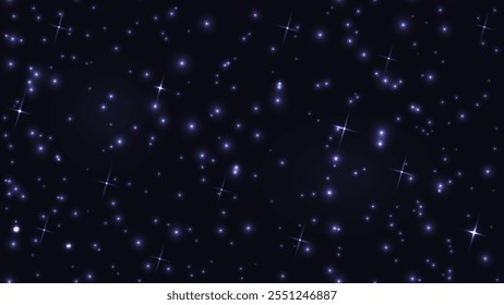 Plano de fundo preto de estrela azul noite céu azul mágico sem costura. Espaço sideral profundo sem fim abstrato textura vetor ilustração. Brilho faísca no escuro. Estrelas cintilantes azuis