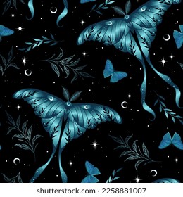 Seamless magic blue vector pattern. Moon moth, herbs, stars. Bohemian fabric design. Contemporary composition.