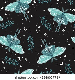 Seamless magic blue vector pattern. Moon moth, herbs, stars. Bohemian fabric design. Contemporary composition.