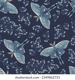 Seamless magic blue vector pattern. Moon moth, herbs. Bohemian fabric design. Contemporary composition.