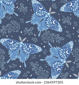 Seamless magic blue vector pattern. Moon moth, herbs. Bohemian fabric design. Contemporary composition.